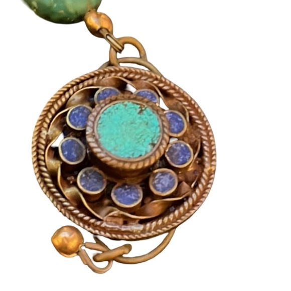 Antique Victorian Turkish Bronze Work w Turquoise Stone Beaded Mermaid Necklace - Picture 10 of 11